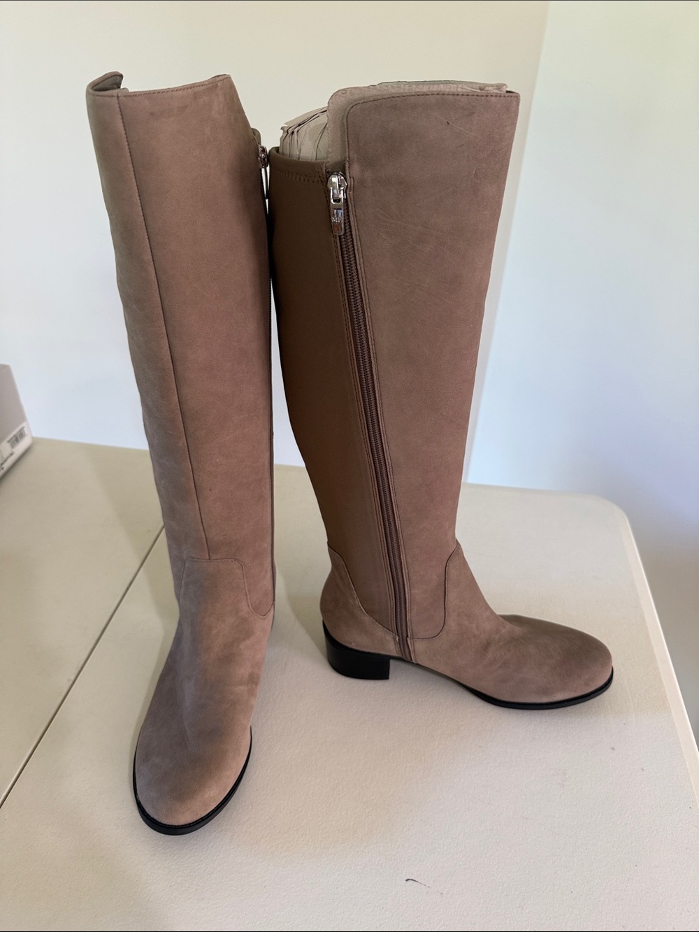NWT Vince Camuto Taupe Suede Tall Knee High Heel Classic Riding Boot 7Wide Calf